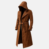 Men's Handmade Brown Suede Leather Hooded Trench Coat