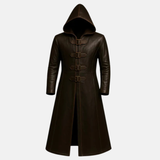 Handmade Men's Brown Leather Hooded Trench Coat: Gothic Medieval Overcoat