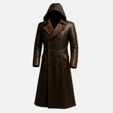 Handmade Two-Tone Brown Leather Trench Coat - Men's Gothic Hooded Overcoat