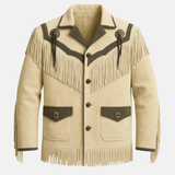Men’s Western Fringe Jacket Beige Suede Cowboy jacket Vintage Rodeo Leather Style
