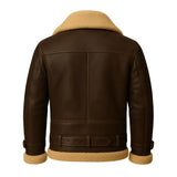 Men’s Handmade Shearling Leather Bomber Jacket – Real Aviator Coat with Fur Collar & Belted Waist