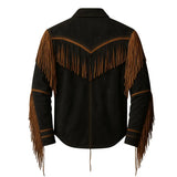 Men’s Western Fringe Jacket Cowboy Lace-Up Suede Style Vintage Rodeo Leather Shirt