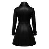 Handmade Women’s Black Leather Trench Coat – Vintage Long Jacket with High Collar, Genuine Leather