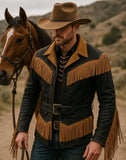 Men’s Western Fringe Jacket Handmade Leather Cowboy Coat Vintage Belted Rodeo Style