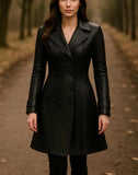 Handmade Women’s Black Leather Trench Coat – Vintage Long Jacket with High Collar, Genuine Leather