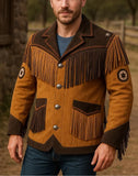 Men’s Western Fringe Leather Jacket Cowboy Style Vintage Coat Brown & Dark Detailing