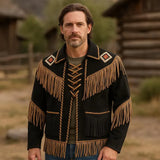 Men’s Western Fringe Jacket Cowboy Beaded Style Vintage Rodeo Leather Coat