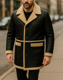 Men’s Shearling Leather Coat Black Winter Jacket Warm Long Fur Lined Coat