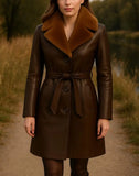 Handmade Brown Leather Trench Coat: Fur Collar, Belted Winter Outerwear