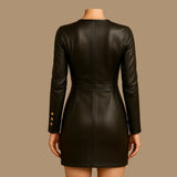 Handmade Fitted Black Leather Mini Dress - Button Front