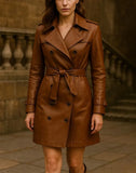 Handmade Brown Leather Trench Coat - Women's Classic Belted Jacket