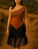 Handmade Suede Fringe Dress: One Shoulder Western Cowgirl Outfit