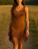 Handmade Suede Fringe Dress: Western Cowgirl Boho Mini