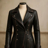 Genuine Leather Long Trench Coat: Women's Double-Breasted Gothic Overcoat