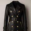 Handmade Black Leather Trench Coat: Gold Buttons, Belted Waist