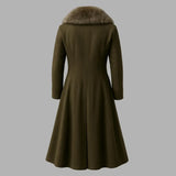 Handmade Olive Green Wool Overcoat: Vintage Double-Breasted Trench with Faux Fur Collar