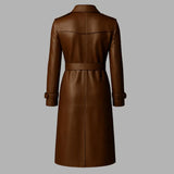 Women’s Brown Long Leather Trench Coat Handmade Genuine Leather Winter Overcoat, Vintage Belted Jacket
