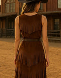 Women’s Western Suede Fringe Dress Cowgirl Style Sleeveless Brown Dress, Vintage Rodeo Outfit