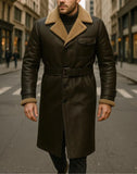 Men’s Brown Shearling Genuine Leather Trench Coat - Handmade Belted Winter Outerwear