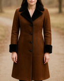 Handmade Brown Leather Coat: Women's Vintage Style with Black Faux Fur