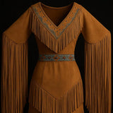 Handmade Tan Leather Fringe Dress Beaded Powwow Regalia, Western Native Style Outfit for Women