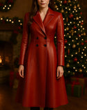 Handmade Red Leather Trench Coat: Elegant Winter Coat for Women