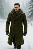 Handmade Olive Green Wool Overcoat: Vintage Double-Breasted Trench with Faux Fur Collar
