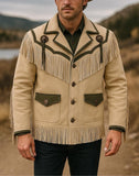 Men’s Western Fringe Jacket Beige Suede Cowboy jacket Vintage Rodeo Leather Style