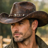 Vintage Distressed Brown Leather Cowboy Hat for Men – Western Wide Brim Hat with Studded Band