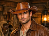 Classic Brown Leather Cowboy Hat for Men Premium Western Wide Brim Hat with Braided Detail