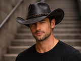 Black Leather Cowboy Hat for Men – Premium Western Wide Brim Hat with Braided Band