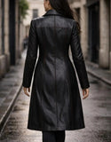 Women's Black Leather Trench Coat – Long Genuine Leather Jacket with Tailored Fit