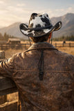 Black & White Cowhide Cowboy Hat for Men Western Leather Hat with Chin Strap & Wide Brim