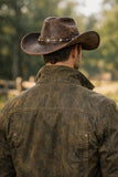 Vintage Distressed Brown Leather Cowboy Hat for Men – Western Wide Brim Hat with Studded Band